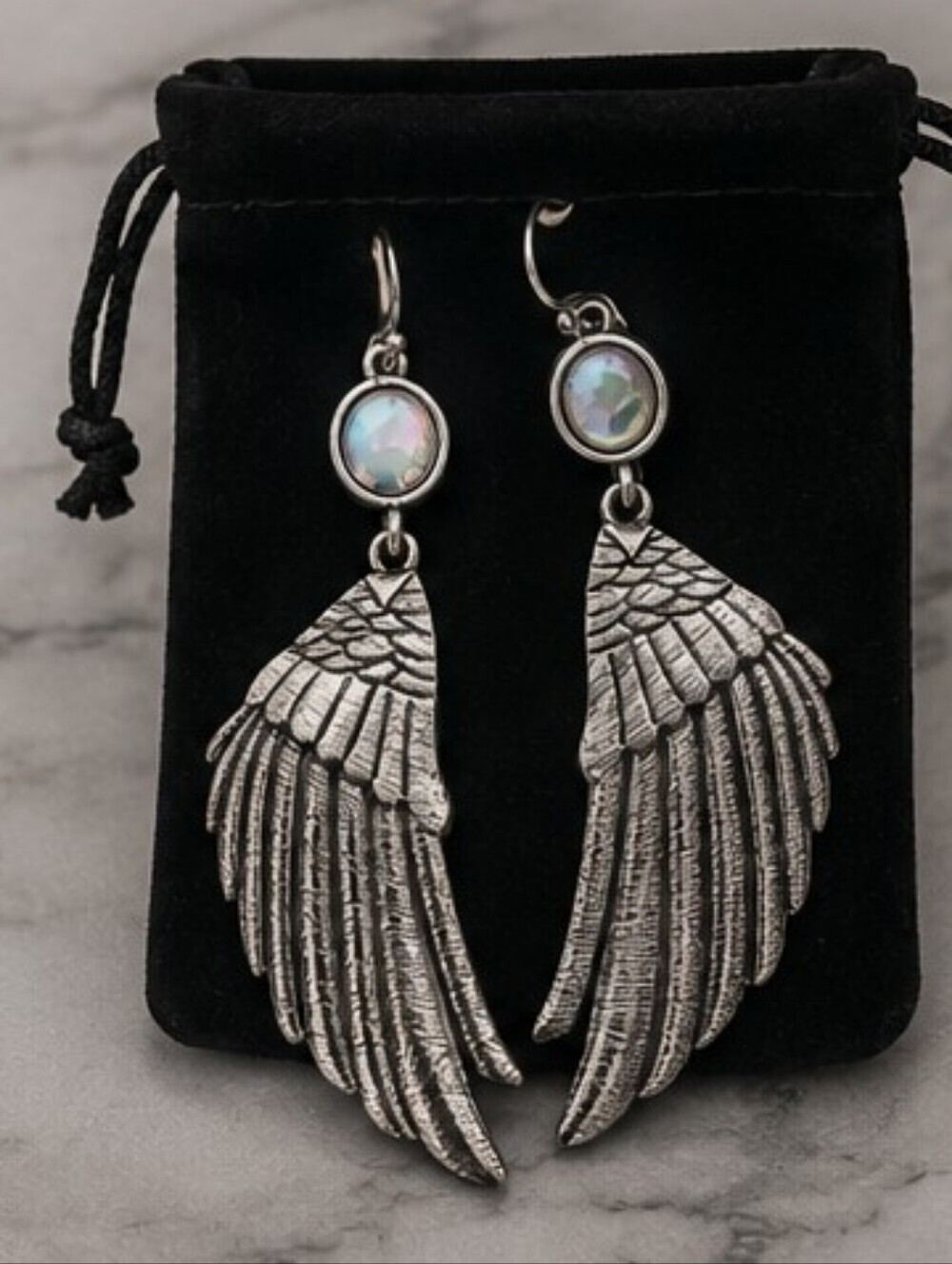 Silver Angel Wing Drop Earrings with Opalescent Stone